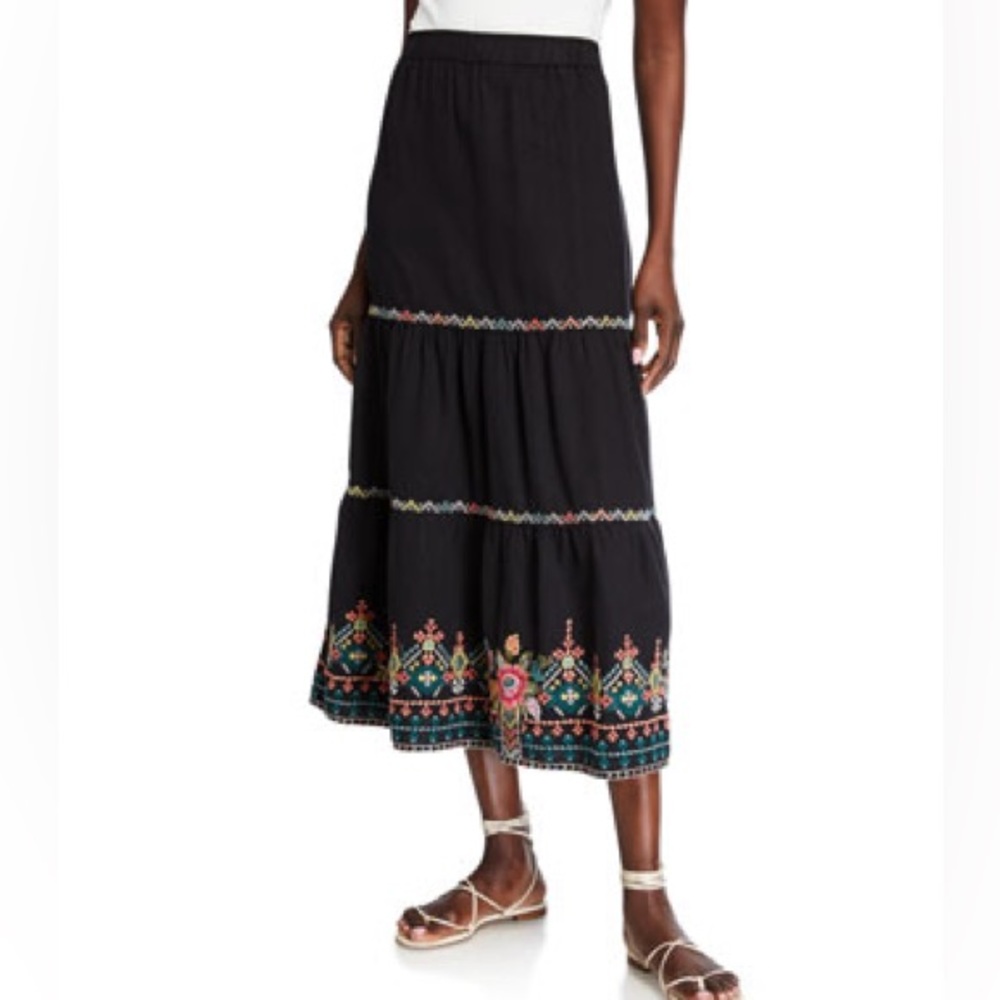 Johnny Was Black Tiered Maxi Skirt with Colorful Border Embroidery